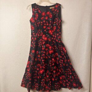 Luouse dress sz XL black red roses sleeveless pin up 50's retro flare Valentines